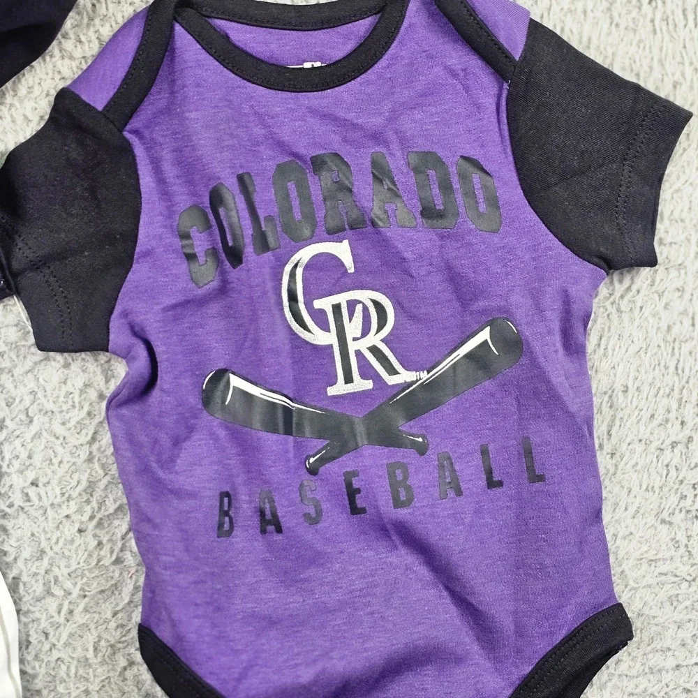 Colorado Rockies Shirt Bodysuit Boys 0-3M Purple MLB Genuine Merchandise 3 Piece